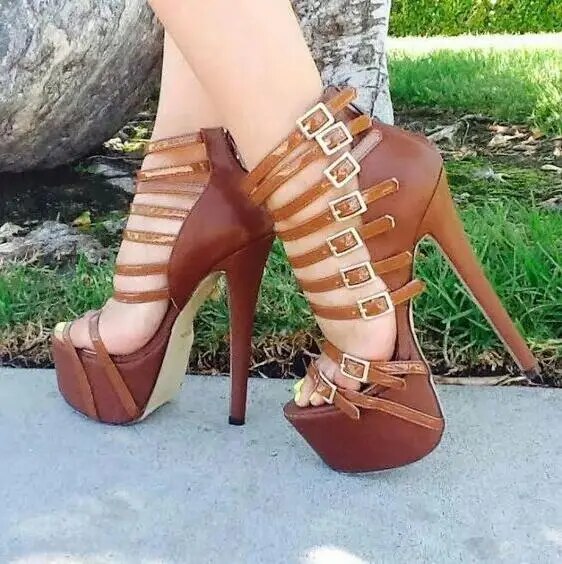 VCSHOES Women Brown Pink Buckles Platform Zipper Back Heel Sandals Thin Heels Lady Party Shoes 43