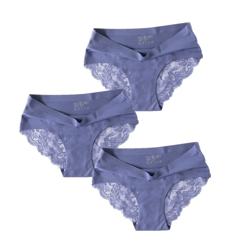 3 Pcs/Set Sexy Seamless Panties Women Lace Underwear Briefs Low Rise Ladies Silk Plus Size Solid Soft Transparent Panty Lingerie