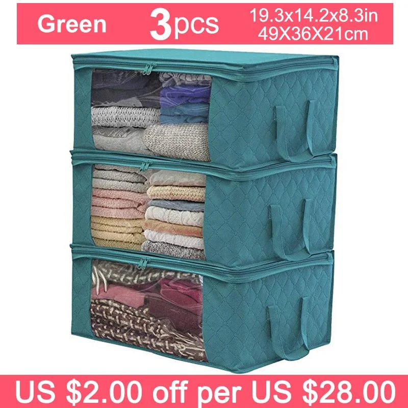 3pcs Non-woven Foldable Storage Box Portable Clothes Organizer Tidy Pouch Suitcase Home Storage Box Quilt Storage Container Bag