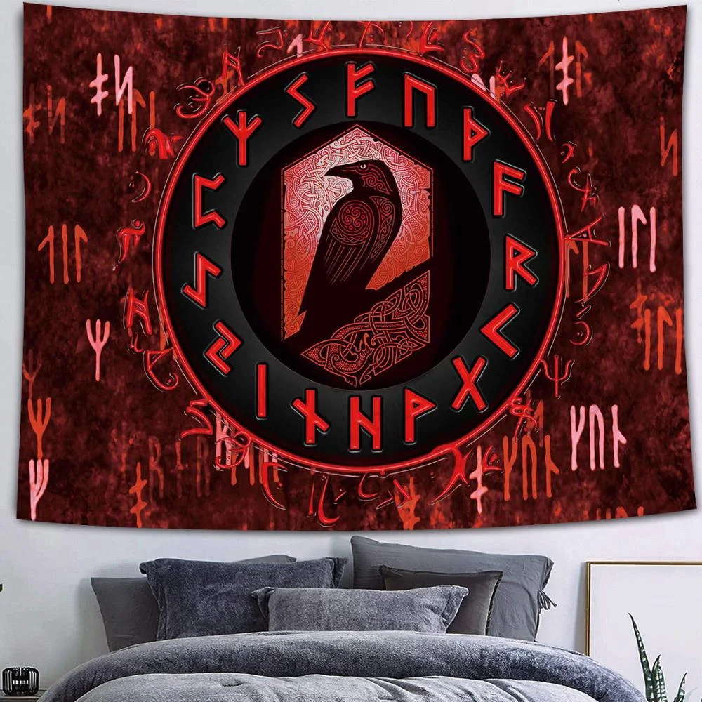 Simsant Viking Raven Tapestry Mysterious Viking Meditation Psychedelic Runes Art Wall Hanging Tapestries for Living Room Decor