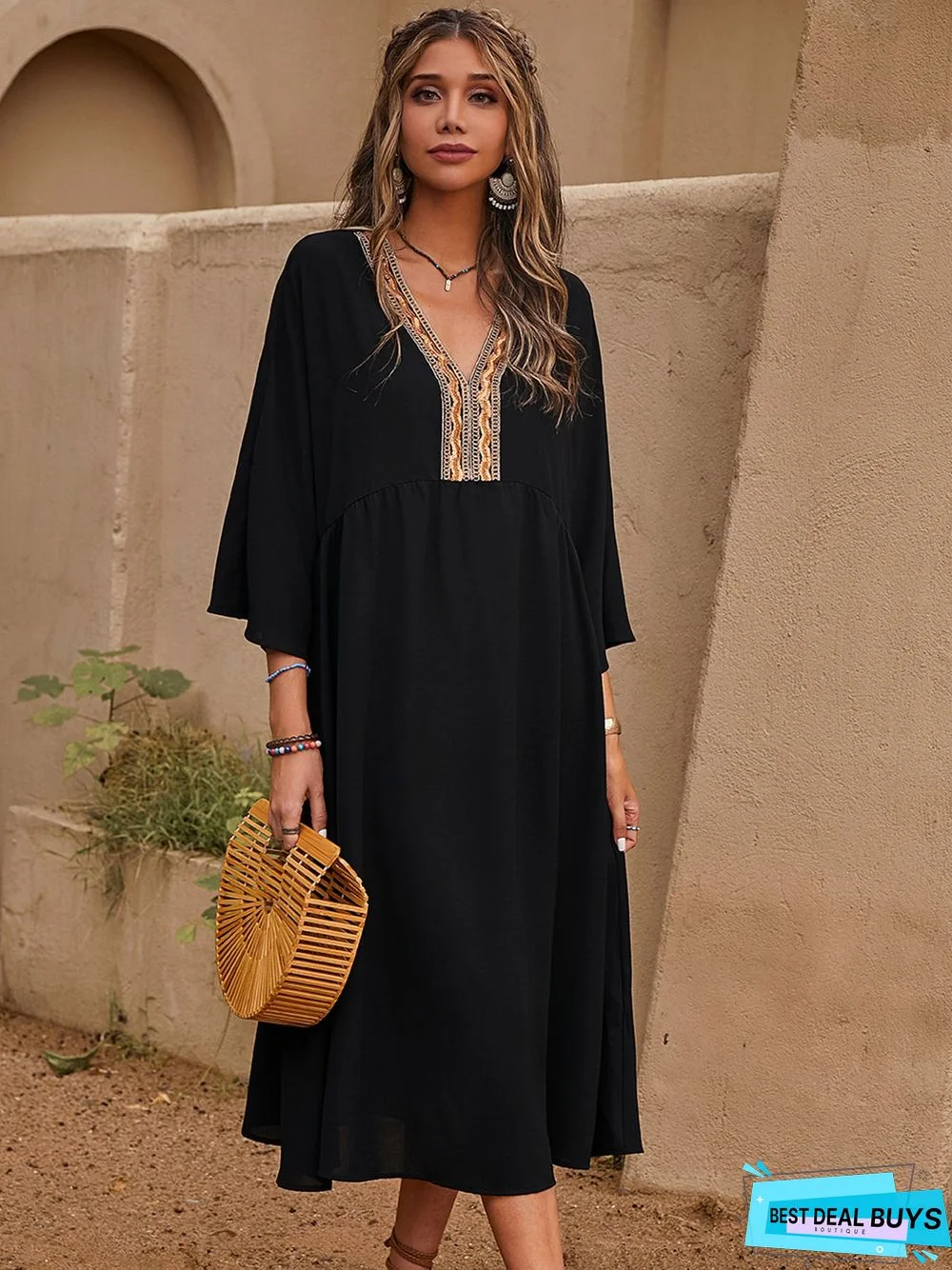 Appliqued Casual A-Line 3/4 Sleeve Weaving Dress