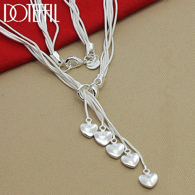 DOTEFFIL 925 Sterling Silver Five Snake Chain Hearts Necklace For Women Jewelry