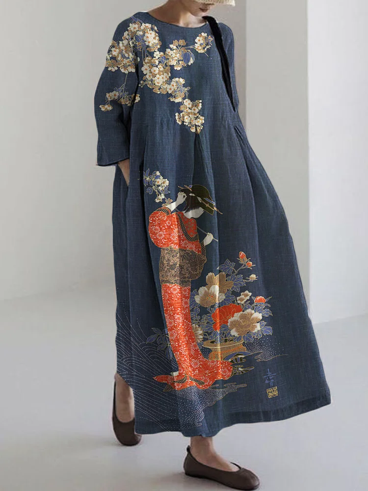 Wearshes Elegant Japanese Geisha with Flowers Art Linen Blend Maxi Dress