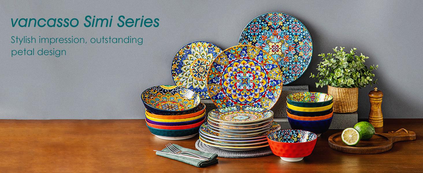 vancasso 12/16/18/24 Pieces Dinnerware Sets, Plates and Bowls Set, Porcelain Dishes Set for 4/6, Microwave and Dishwasher Safe, Scratch Resistant, Bohemian Style Dining Ware Service for 6, Series SIMI vancasso 12/16/18/24 Pieces Dinnerware Sets, Plates and Bowls Set, Porcelain Dishes Set for 4/6, Microwave and Dishwasher Safe, Scratch Resistant, Bohemian Style Dining Ware Service for 6, Series SIMI