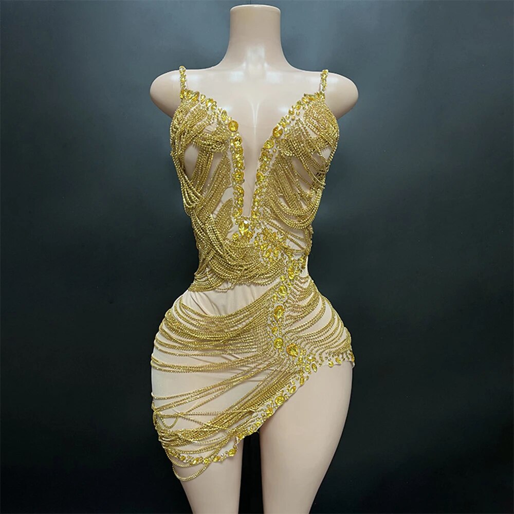 VCSHOES Rhinestone Chain Sliver Color Mini Sheath Dress Evening Party Performance Costume Nightclub Singer Dancer Stage Wear