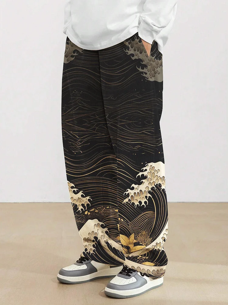Men's Japanese Wave Art Print Loose Drawstring Waist Sweatpants