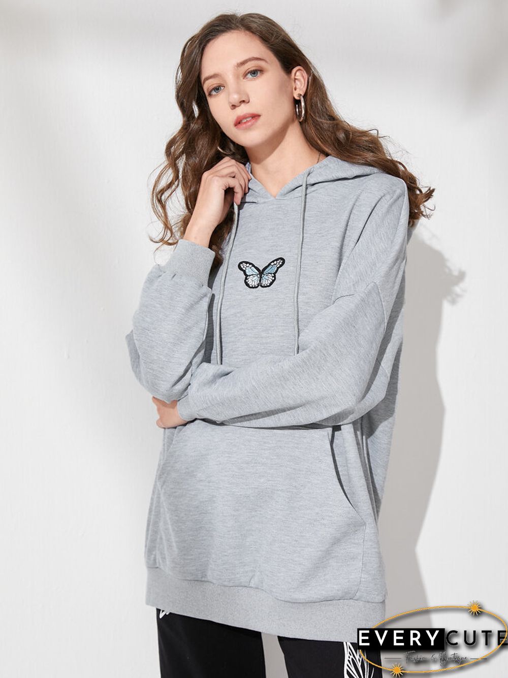 Butterfly Kangaroo Pocket Drop Shoulder Loose Hoodie