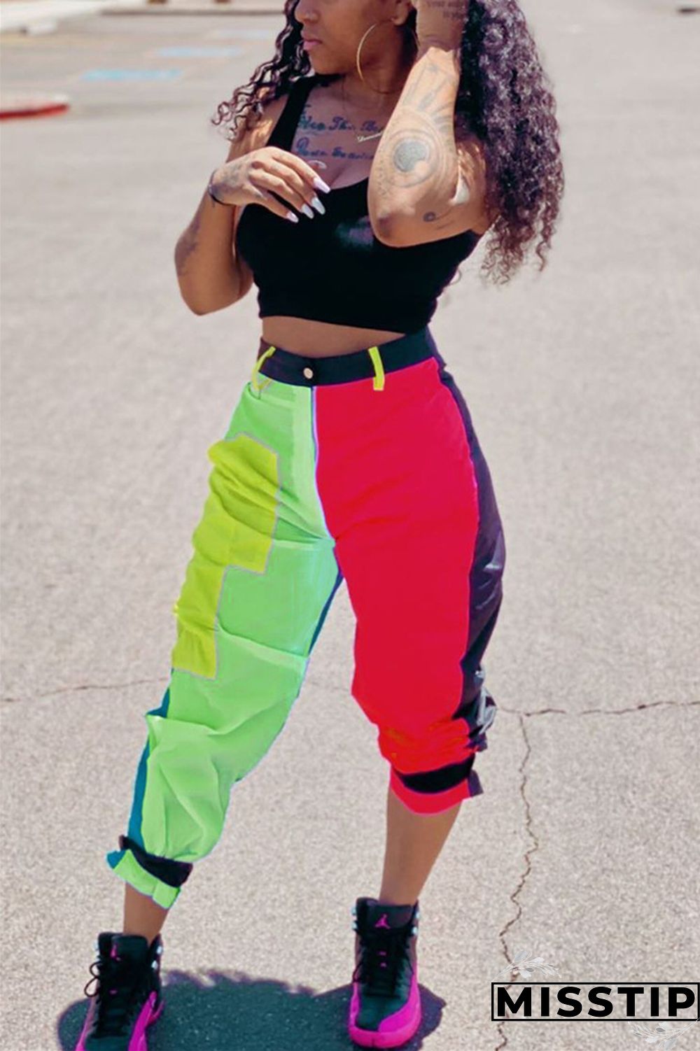Blue Zipper Fly Mid Patchwork Straight Capris Bottoms
