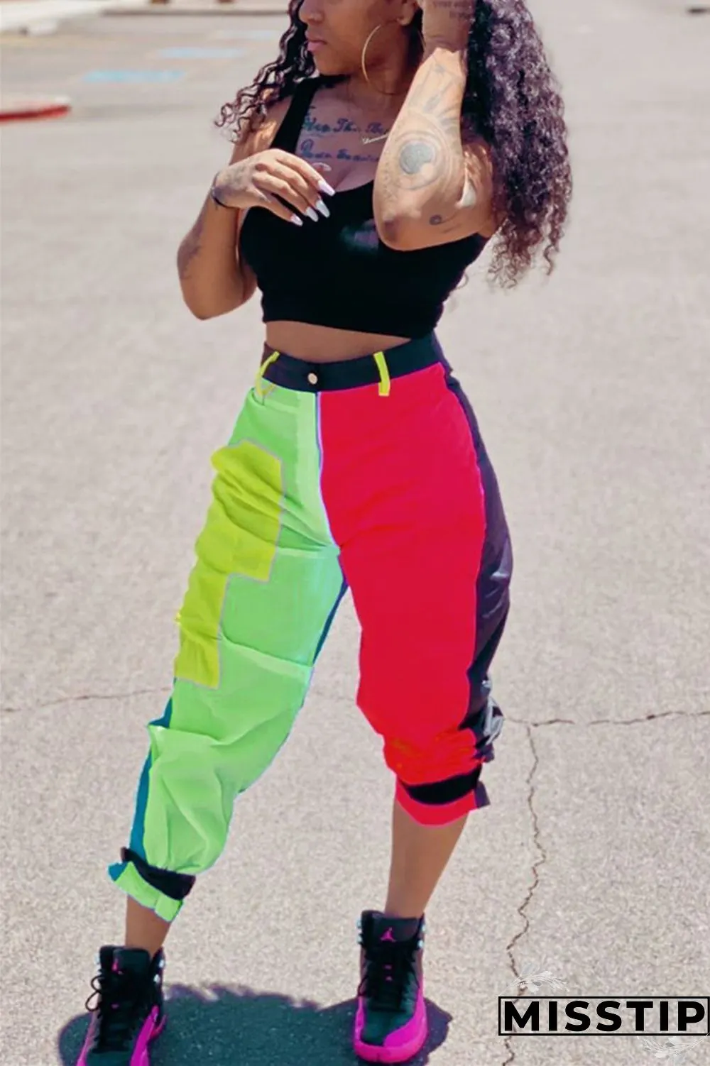 Blue Zipper Fly Mid Patchwork Straight Capris Bottoms