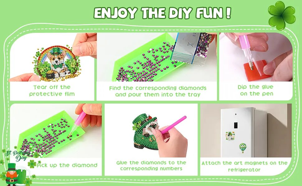 12Pcs Happy St Patricks Day DIY Diamond Art Fridge Magnet Refrigerator Sticker Diamond Art Stickers Refrigerator Painting Kits for Beginners Adults DIY Craft Gifts Home Decors