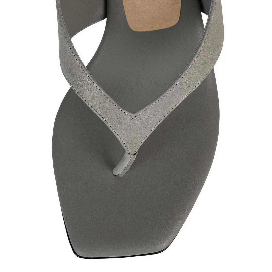 Grey Vegan Leather Open-Toe Spool Heel Flip Flops for Women