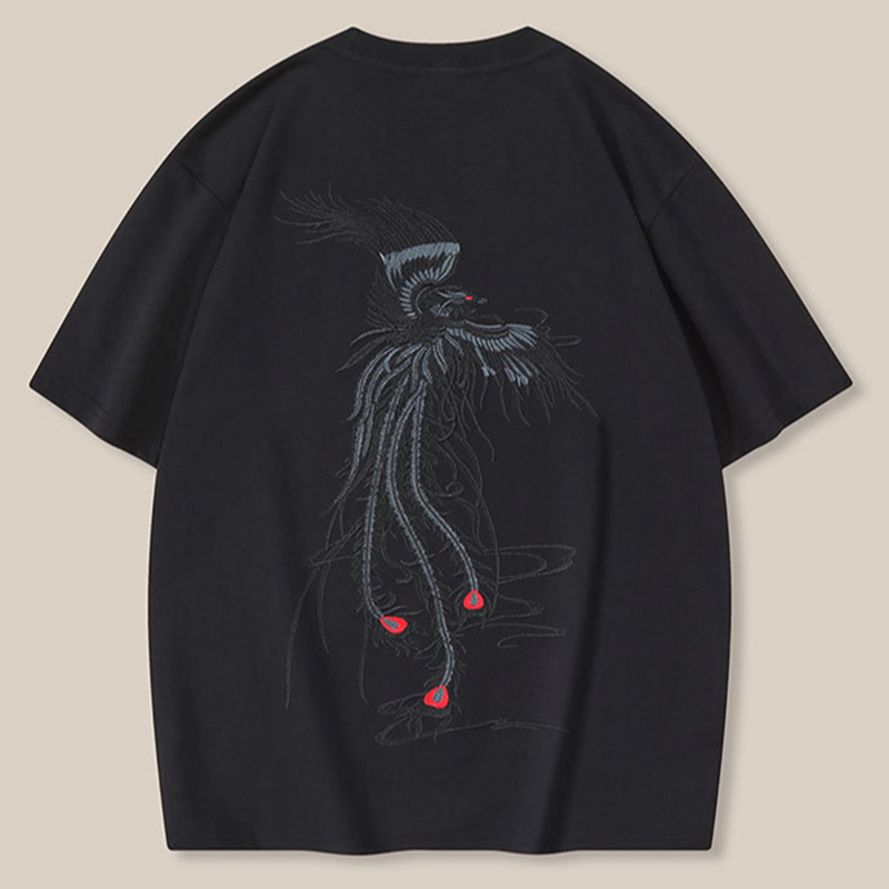 Trendy Phoenix Embroidered Cotton Loose T-shirt