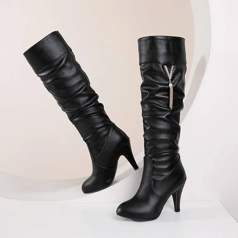 Graduation Gift Big Sale PU Soft Leather Over Knee High Heels Boots Platform Warm Plush Woman 's Winter Long Boots Zapatos Mujer Black White Pink Boots
