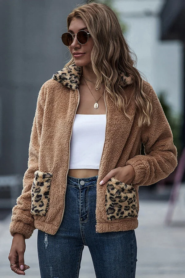 Fashion Casual Leopard Patchwork Lamb Coat