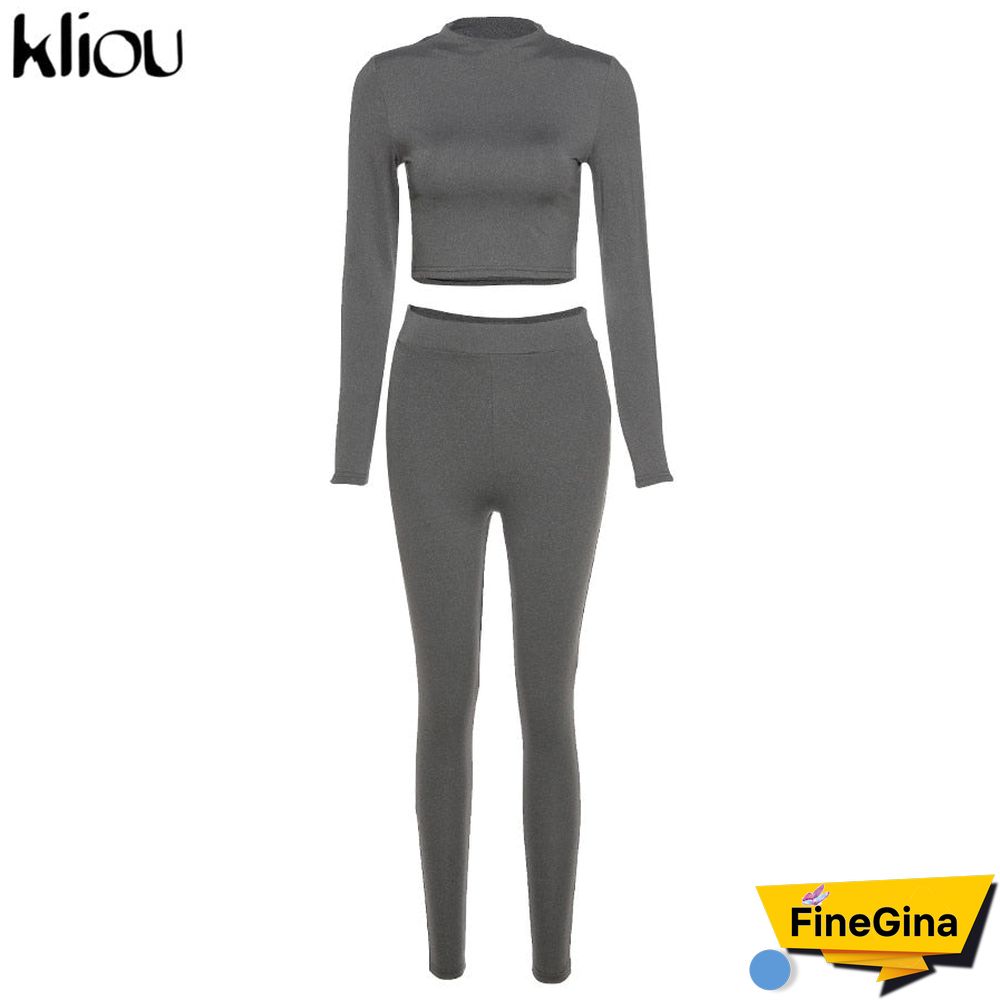 Kliou fashion tracksuit women turtleneck full sleeveless crop top+leggings matching set stretchy sporty fitness casual outfits