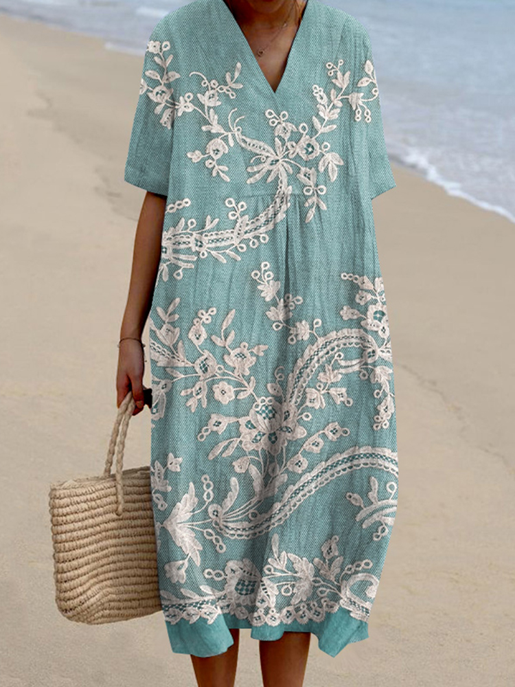 Comstylish Retro Floral Lace Embroidered Art Linen Blend Dress