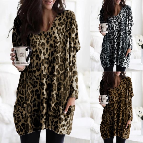 Women Autumn Fashion Sexy Leopard Print Long Sleeve T-shirt V Neck Shirt Irregular Hem Pockets Tunic Tops Blouses - BlackFridayBuys