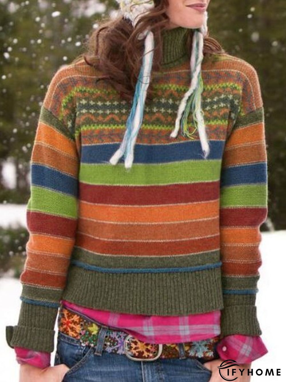 Long Sleeve Turtleneck Striped Sweater | IFYHOME