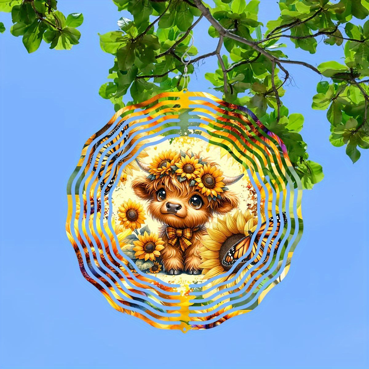 Tegooe Tegooe Highland Cow Sunflower Metal Wind Spinner 2D Laser-Cut Hanging Outdoor Garden Art Patio Decor