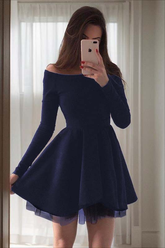 Hidais Charming Black Strapless Long Sleeves High Waist A Line Homecoming Dress 