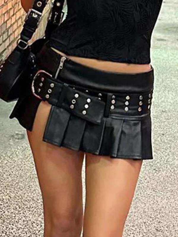 Brownm Rivet Belt Pleated Slit Leather Mini Skirt