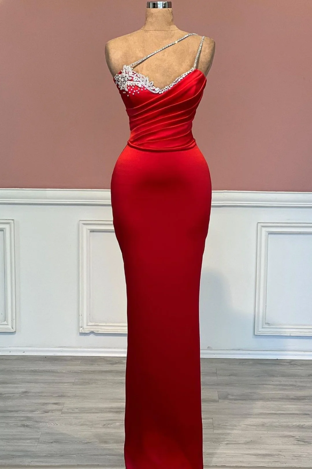 Red Prom Dress With One Shoulder Beadings Sleeveless Long Satin YL0196