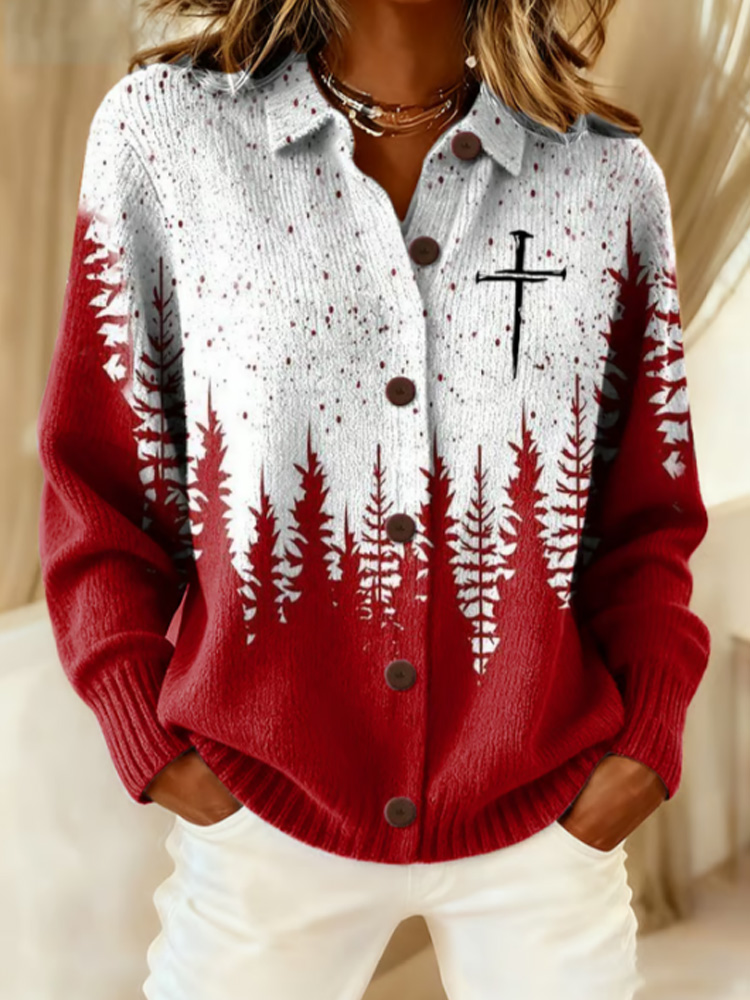 Women's Christian Christmas Print Knitted Cardigan elevenforest