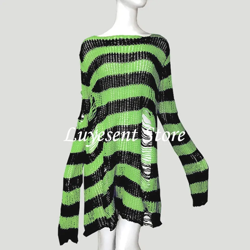 Plus Size Punk Gothic Long Unisex Sweater Dress Women Man Striped Cool Hollow Out Hole Broken Jumper Loose Rock Thin Sweter 2021