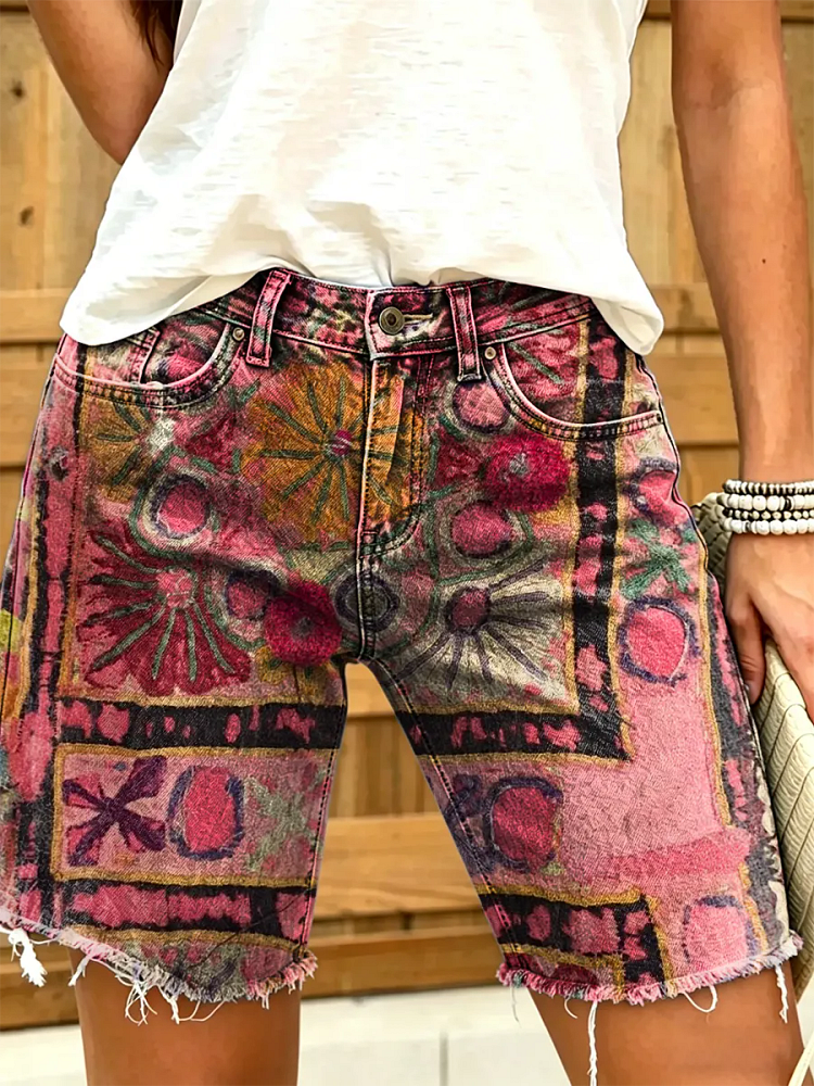 Women's Abstract Geometric Print Denim Shorts