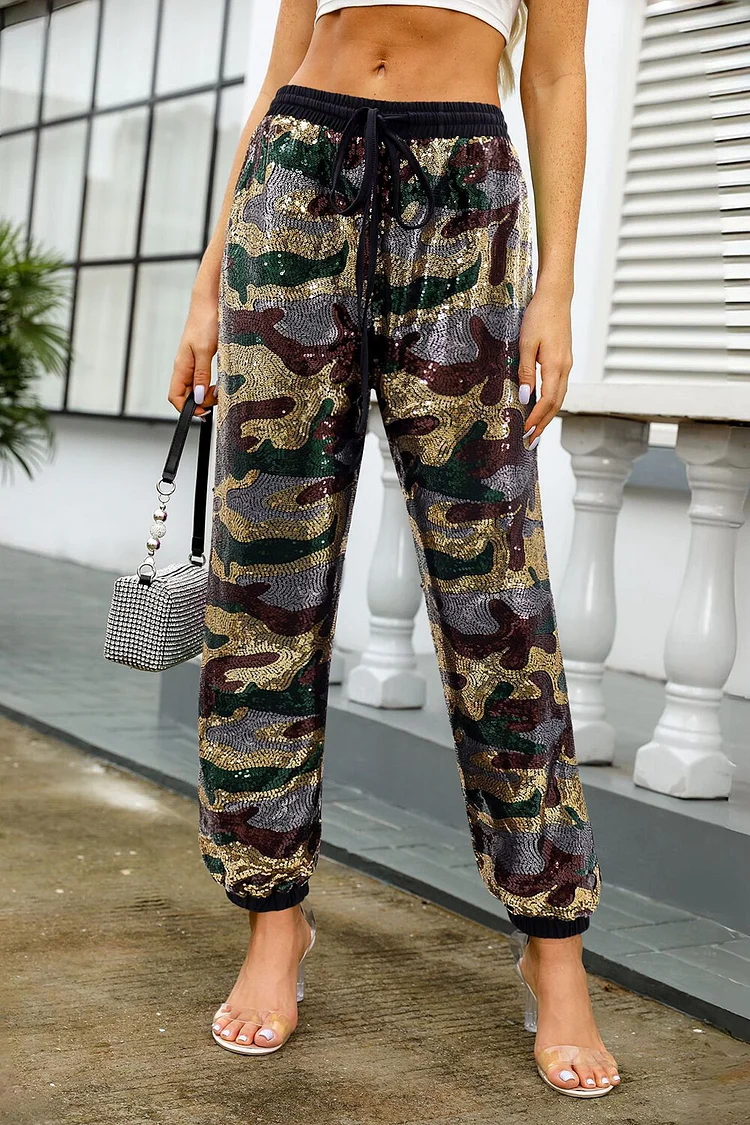 Camo Pattern Sequin Tie Up Elastic Waist Pants-Gold