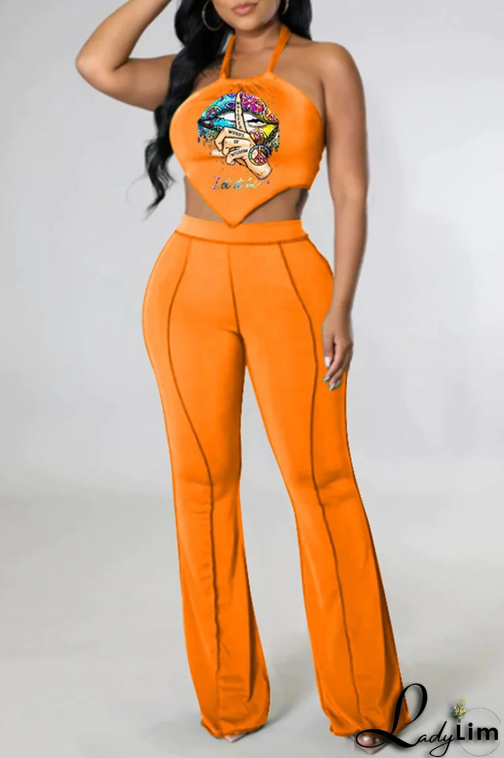 Orange Sexy Lips Printed Backless Asymmetrical Halter Sleeveless Two Pieces