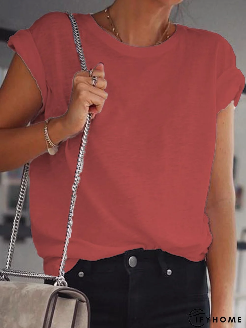 Women Short Sleeve Solid Cotton Casual T-shirt | IFYHOME