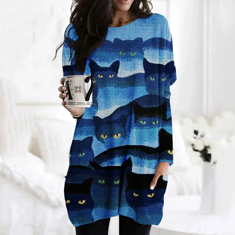 Cat Print Long Sleeve Pocket Casual Tunic
