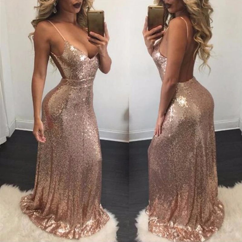 Chic V-Neck Sleeveless Sequins Mermaid Prom Dress Long - lulusllly