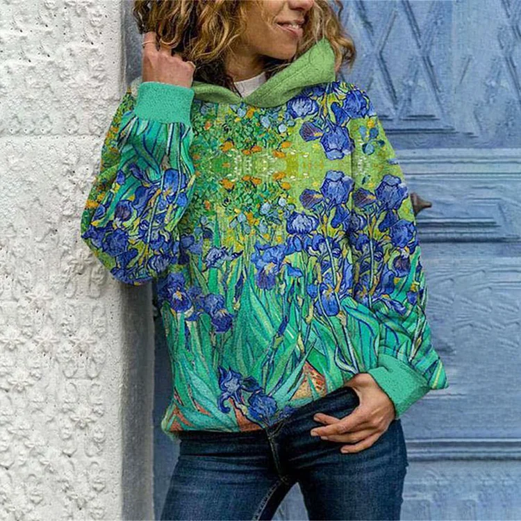 Oil Painting Iris Print Long Sleeve Hoodie