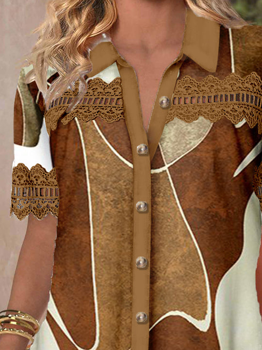 Women's Short Sleeve V-neck Lace Stitching Hollow Graphic Top