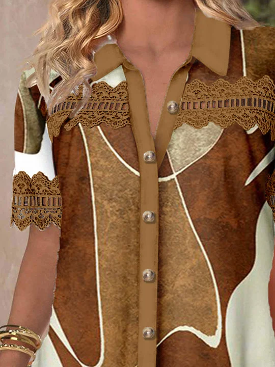 Women's Short Sleeve V-neck Lace Stitching Hollow Graphic Top