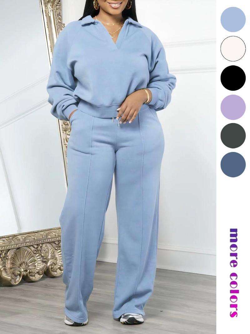Women's Solid Long Sleeve Sweatshirt & Drawstring Waist Pants Set, Casual Fashion Cozy Two-piece Outfits for Daily Outdoor Wear, Women Clothes for All Seasons