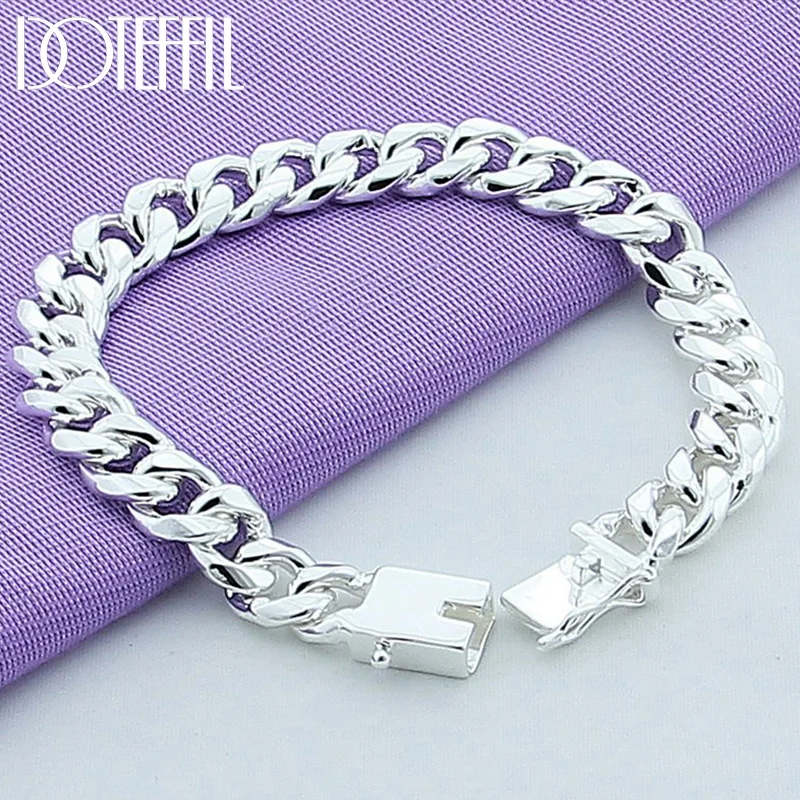 DOTEFFIL 925 Sterling Silver 10mm Square Buckle Bracelet Chain Women Men Jewelry