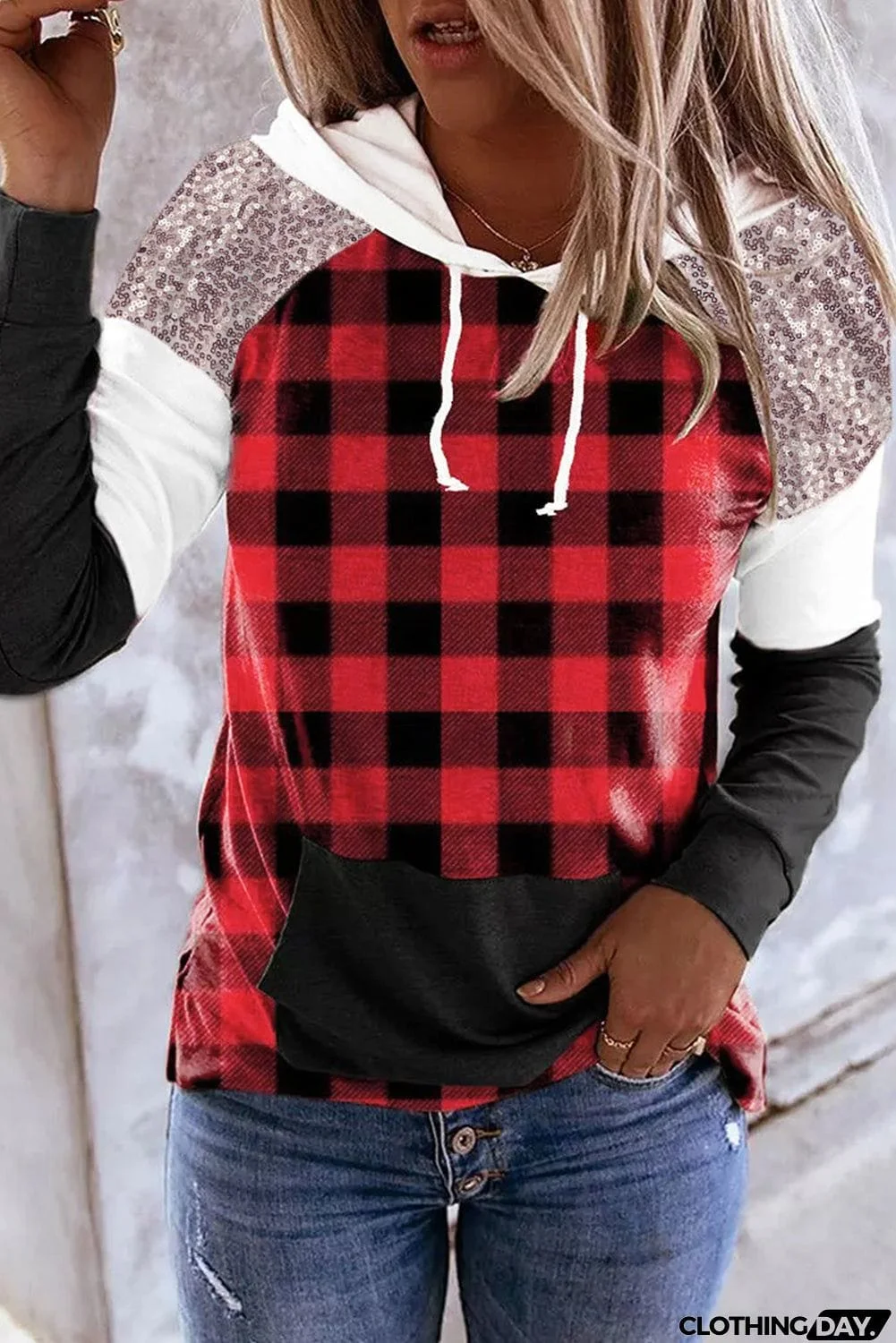 Sequined Splicing Plaid Kangaroo Pocket Hoodie