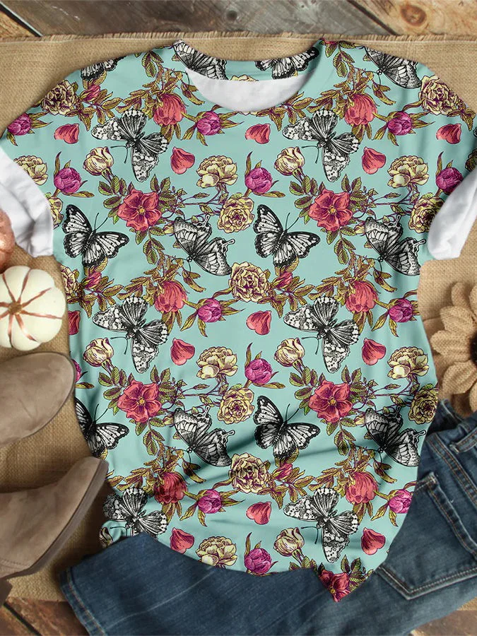 Women's Butterfly Flower Printed Short Sleeve Top