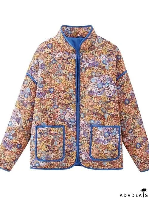 Floral Open Front Puffer Jacket with Pockets
