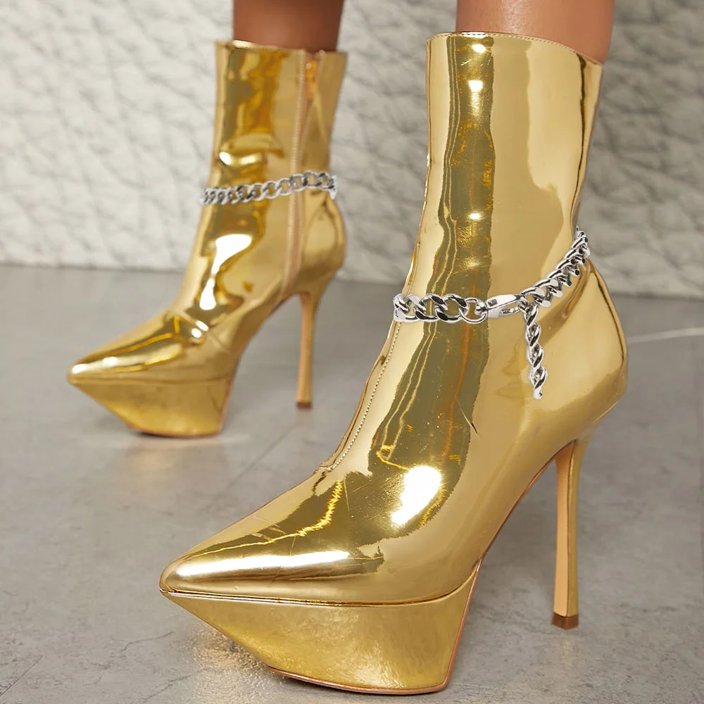 Leather Platform Booties Gold Ankle Boots With Chain Decors Nicepairs