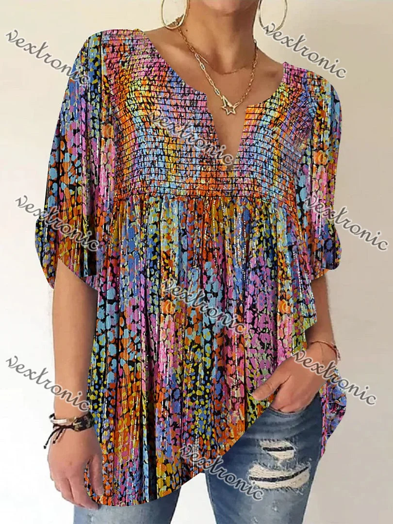 Women's Colorful V-neck Long Sleeve Graphic Top