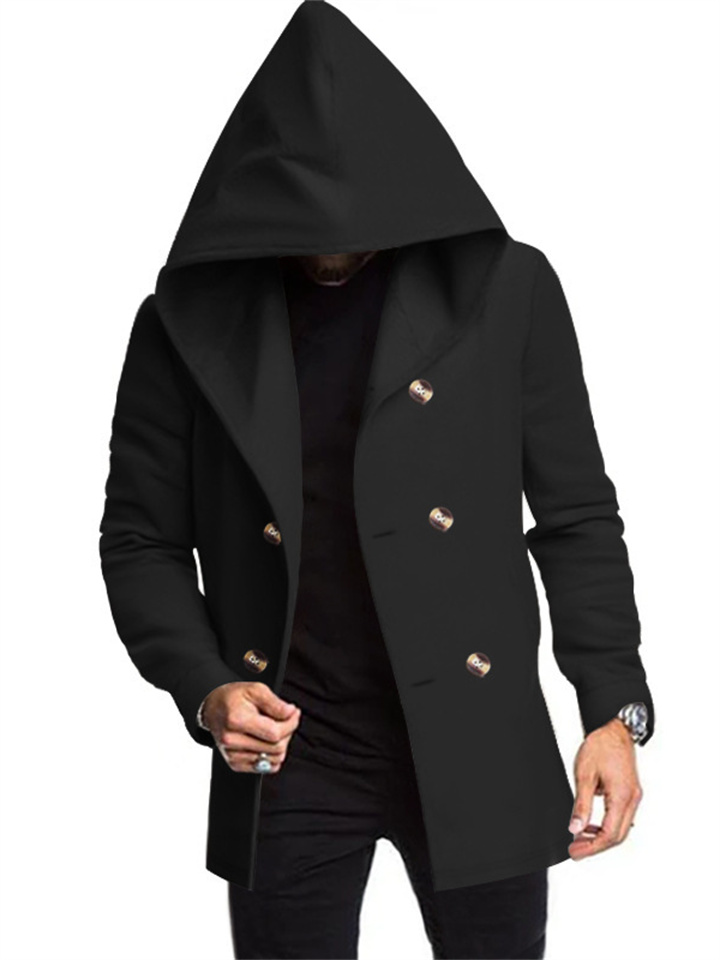 New Men's Medium-length Slim Windbreaker Hooded Casual Solid Color Coat