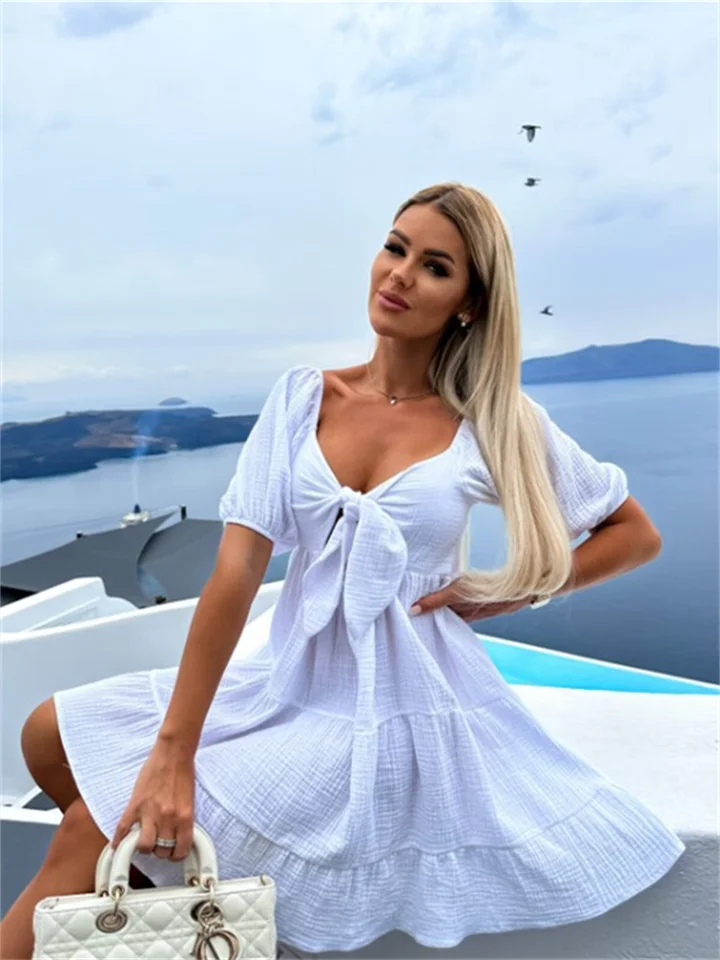 New Temperament and Elegant Summer Fashion with A Hundred Lacing V-neck Short-sleeved High-waisted Sweet Wind Dress-Cosfine