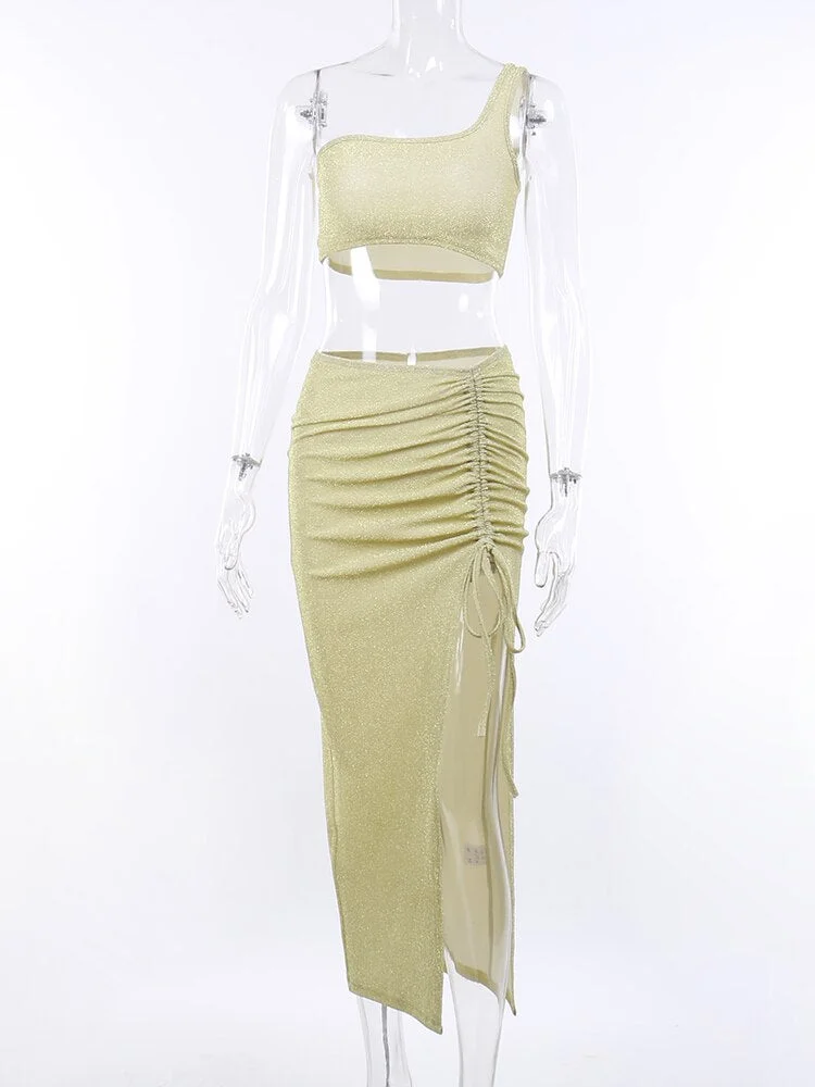 WannaThis Knit 2 Piece Set Women Sequin One Shoulder Sleeveless Waist Top Drawstring Side Split Skirt Sexy Elegant Vacation Sets