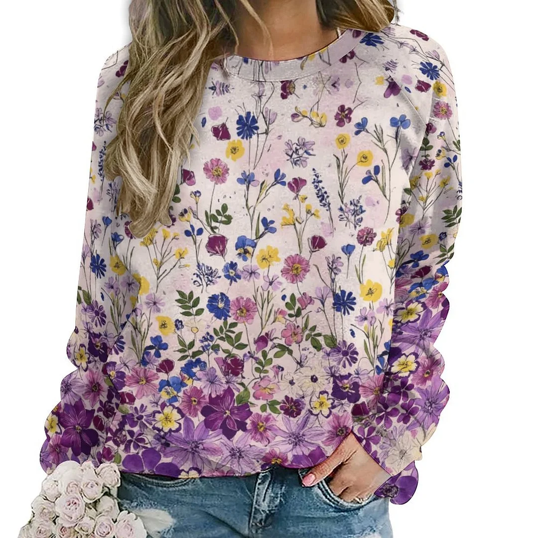 Printed Long Sleeve Casual Sweatshirt for  Women and Men Unisex Pattern Floral, Red, Colorful, Purple