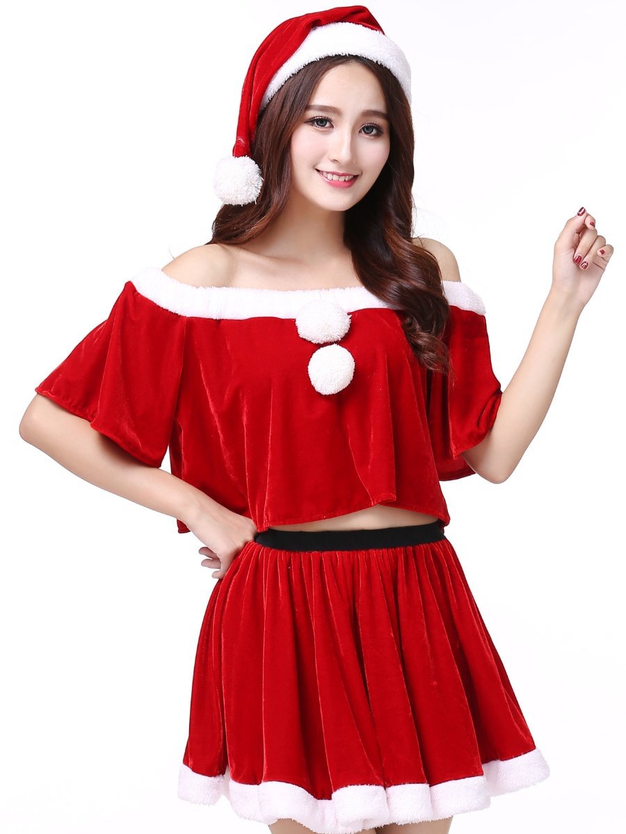 Christmas Outfit Hat Top Skirt Set Faux Fur Role Cosplay Party