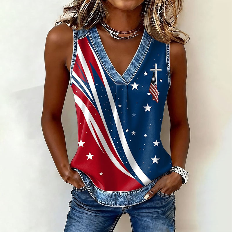  Women's Vintage Independence Day Flag Print V-neck Tank Top Westsshops